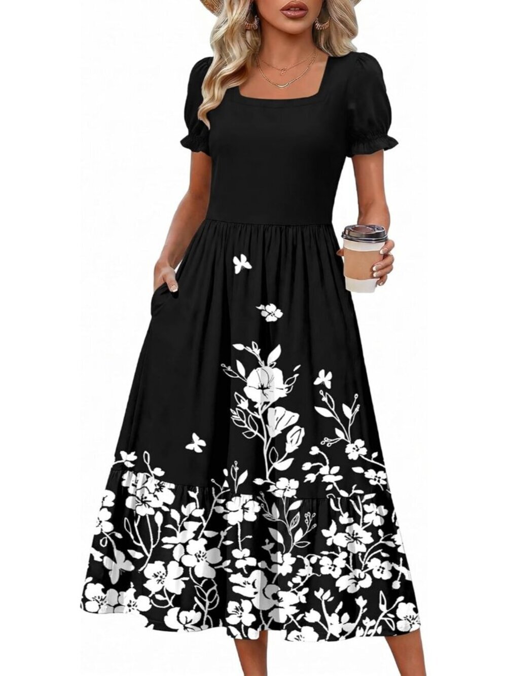 Zeagoo Women's Black Floral Flowy Casual Short Sleeve Tiered Midi Maxi Dress
